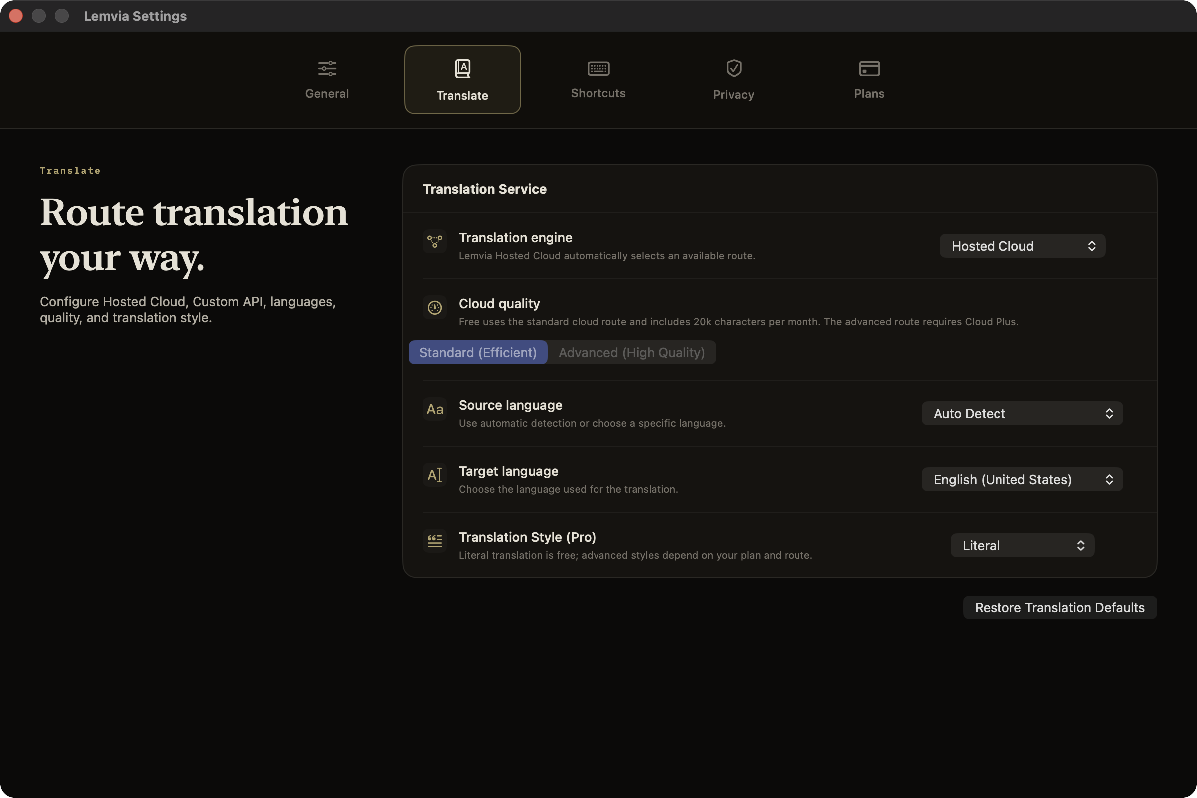 Lemvia Translation settings